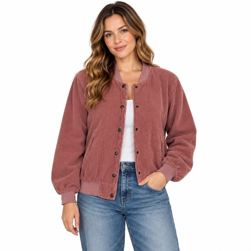 Brandy Melville Bomber Jacket Womens One Size Pink Corduroy Snap Front Retro